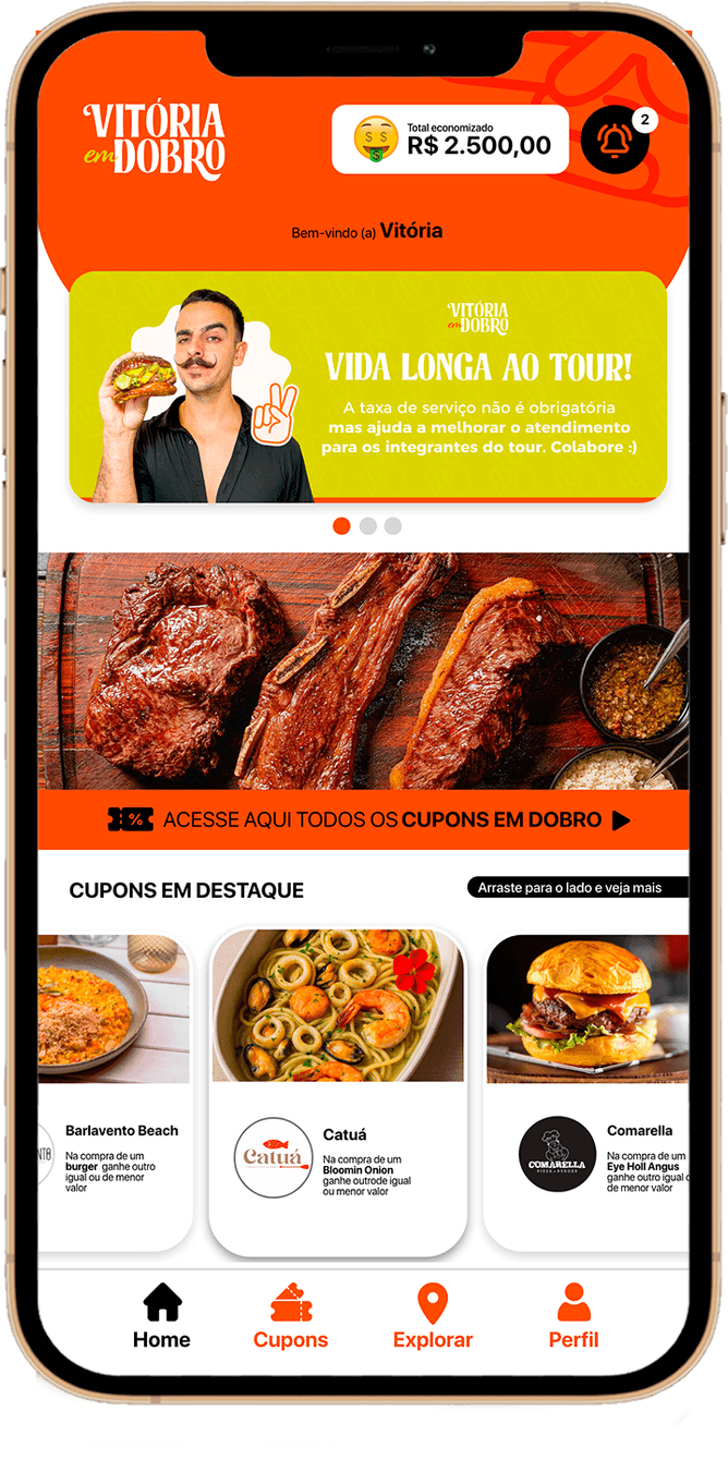 App Vitória em Dobro: tela inicial, mapa interativo e lista de cupons